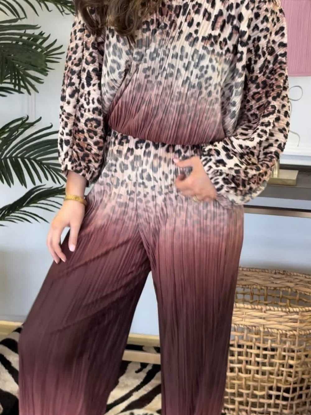Leopard Ombre Pleated Wide-Leg 2 piece set  - Rose Brown